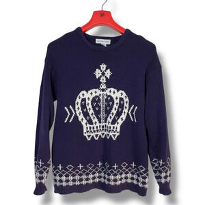 Vtg Purple Knit Sweater Crewneck Pullover Royalty Crown‎ Cross Motif Print Goth